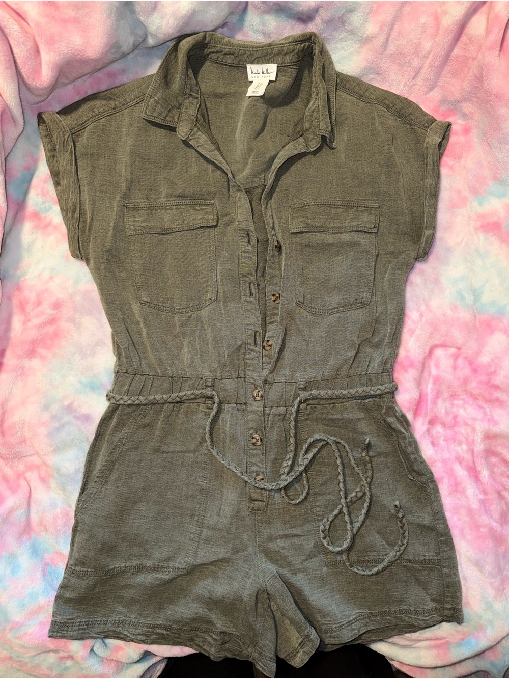 Olive Green Button-Front Utility Romper